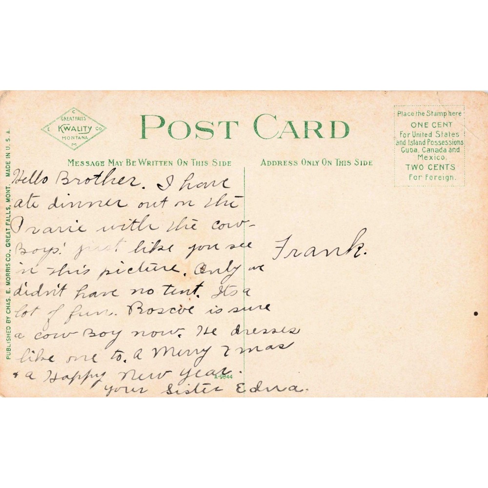 Vintage 1906 Cow Boys at Dinner on the Range Postcard Chas E Morris Montana VG - Picture 2 of 2